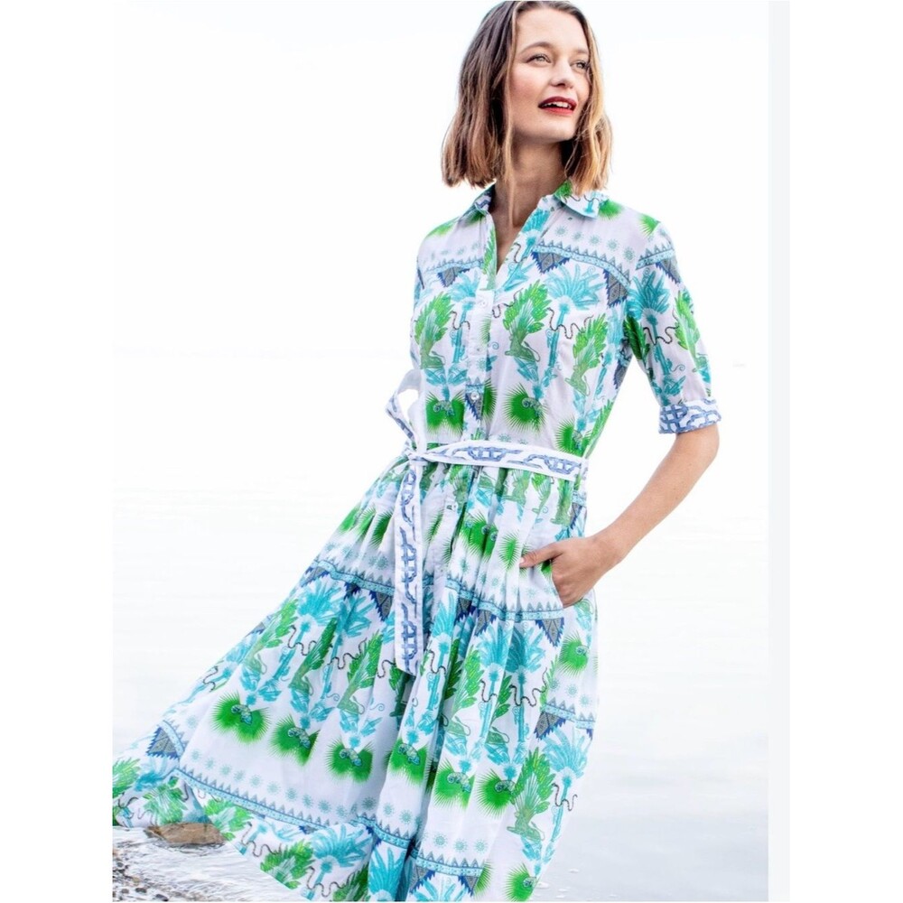 Dizzy Lizzie Mrs Maisel Midi Pleats Dress Blue Green Botanical Print Tie Belt XS